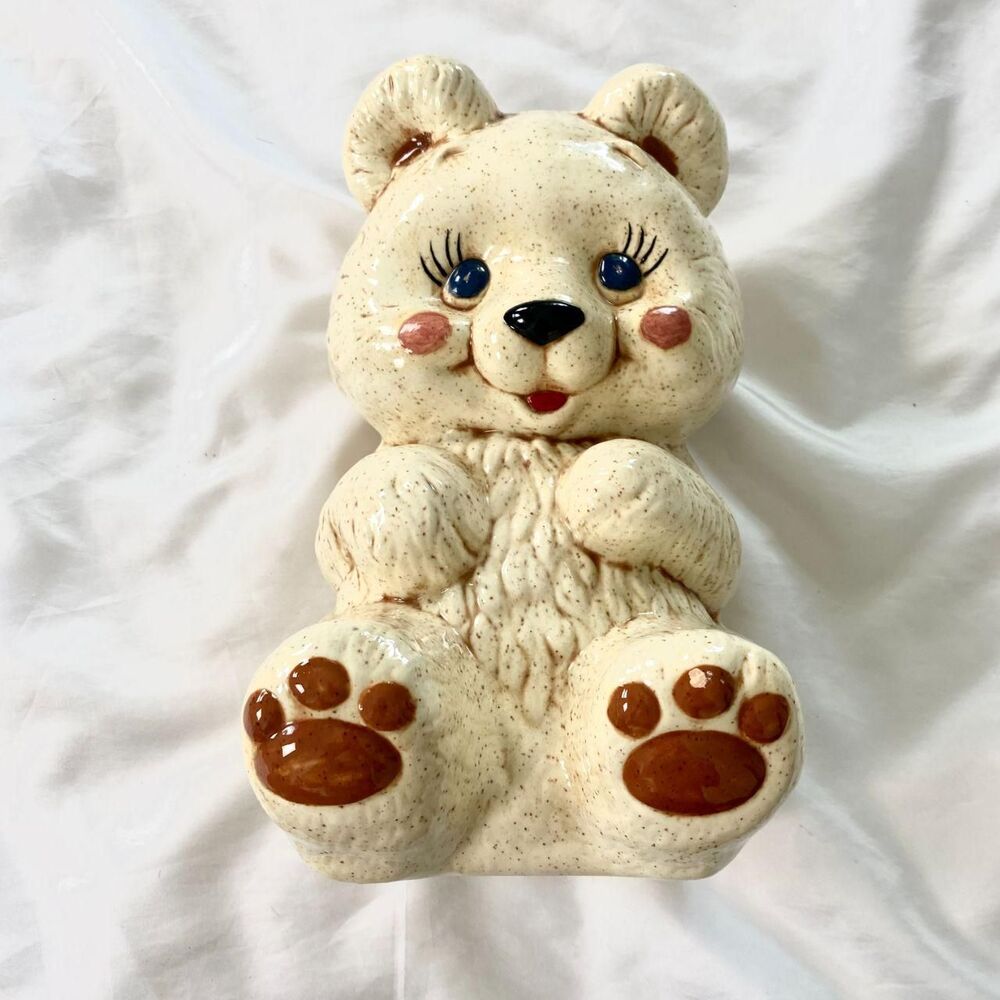 Large Vintage Teddy Bear Piggy Bank Signed JG 1995 Hand Painted Ceramic 12"
